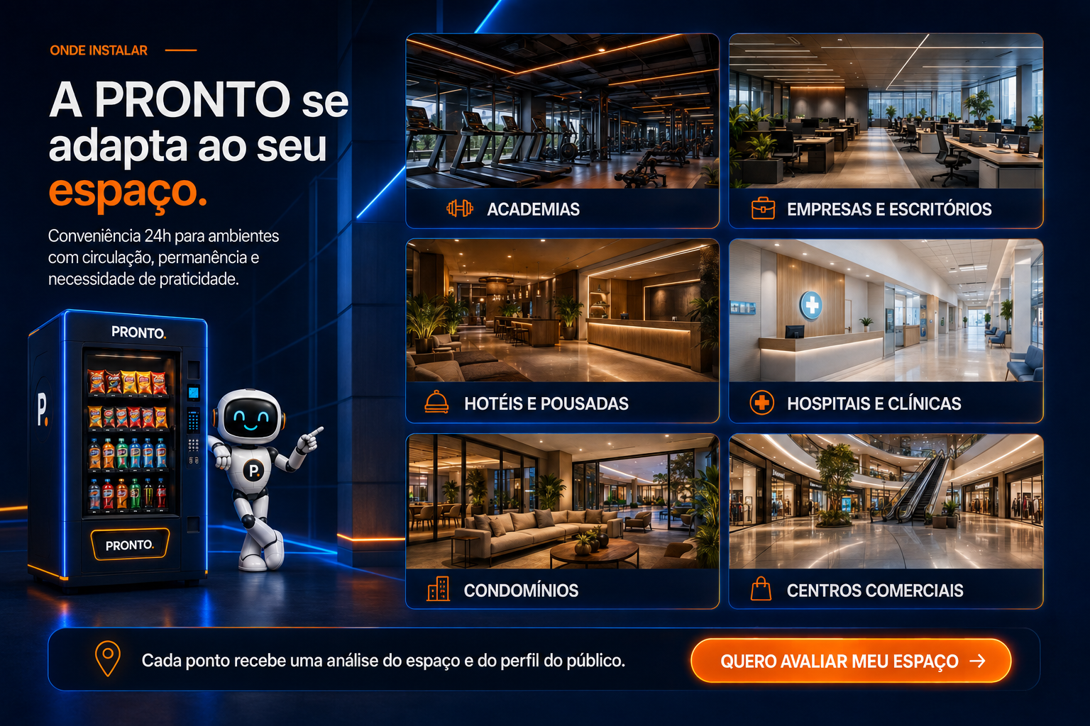 Onde instalar a PRONTO: academias, empresas, hotéis, hospitais, condomínios e centros comerciais.